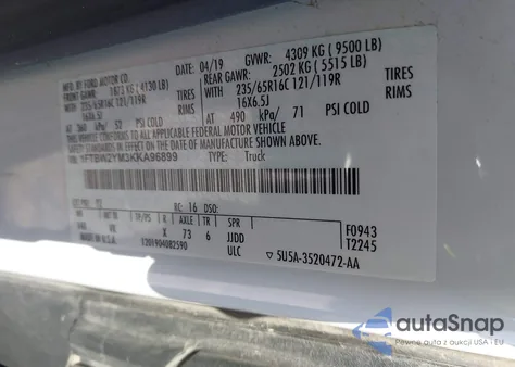 2019 Ford Transit-350 z USA, uszkodzony, nr VIN 1FTBW2YM3KKA96899